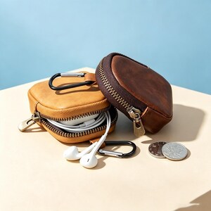 May include: Two small, square-shaped zipped pouches made of brown leather. One pouch is tan and holds white wired earbuds, while the other is a darker brown. Both feature metal zips and black carabiner clips. Two silver coins sit nearby.