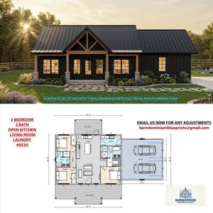 Pode incluir: Um conjunto de desenhos arquitetônicos para uma casa 40x30 com 3 quartos, 2 banheiros, cozinha aberta, sala de estar e lavanderia. O design mostra uma casa externa preta com telhado de metal, detalhes em pedra e garagem dupla.