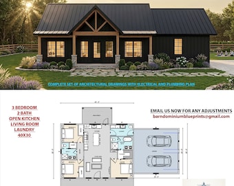 Planta de casa estilo celeiro com 3 quartos, 2 banheiros, 40x30 pés | Área construída de 1200 pés quadrados com garagem de 25x25 pés.