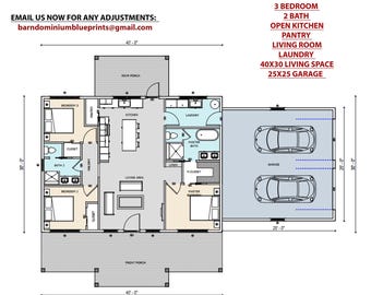 Planta de casa estilo celeiro com 3 quartos, 2 banheiros, 40x30 pés | Área construída de 1200 pés quadrados com garagem de 25x25 pés.