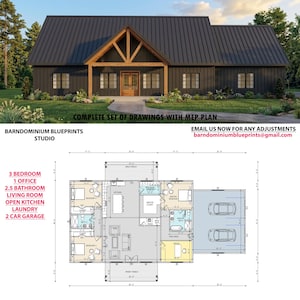 Könnte beinhalten: Eine architektonische Darstellung eines modernen Hauses im Scheunenstil mit schwarzer Außenfassade und einer Holzveranda. Das Bild enthält einen detaillierten Grundriss mit Raumbezeichnungen und Abmessungen sowie den Text "COMPLETE SET OF DRAWINGS WITH MEP PLAN".