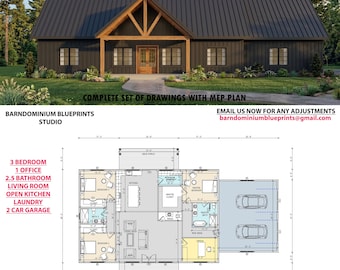 Planta de Barndominium 40x60 | 3 Quartos, 1 Escritório, 2,5 Banheiros, Garagem para 2 Carros (Download em PDF)