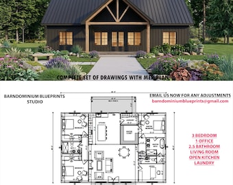 Planta de Barndominium 40x60 | Projeto com 3 quartos, 1 escritório e 3 banheiros (Download em PDF)