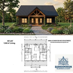 May include: A rendering of a modern farmhouse with a black metal roof and dark wood accents. The image includes a floor plan with dimensions of 40'x30' and 1200 sq ft of living space. The text says "Email us now for any adjustments".