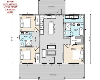 Planta de casa estilo celeiro com 3 quartos, 2 banheiros e 40x30 pés.