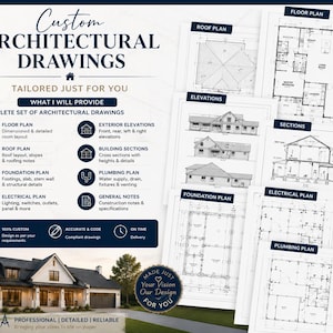 May include: Custom architectural drawings service featuring a set of blueprints including floor, roof, foundation, electrical, and plumbing plans, plus exterior elevations and building sections, displayed with a house image and descriptive text.