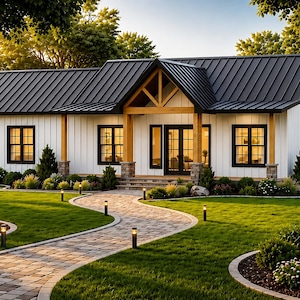 May include: A single-storey house with white vertical siding, a black metal roof, and a central wooden porch gable. The exterior features black-framed windows and a glass-panelled front door, surrounded by a landscaped lawn and a stone walkway.
