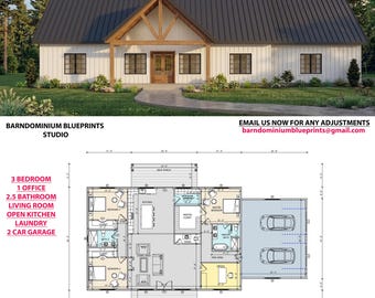 Planta de Barndominium 40x60 | 3 Quartos, 1 Escritório, 2,5 Banheiros, Garagem para 2 Carros (Download em PDF)