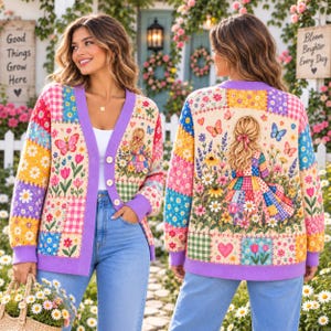 Puede incluir: Un cárdigan de manga larga con un diseño de patchwork colorido que incluye patrones florales, mariposas y una ilustración central de una persona con cabello rubio largo. La prenda tiene un borde morado, cuello en V y tres botones blancos.
