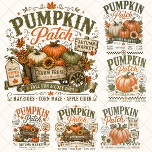 Puede incluir: Una colección de seis ilustraciones gráficas con calabazas, carretas de madera y follaje otoñal. Los diseños incluyen textos como Pumpkin Patch, Autumn Market, Farm Fresh, Fall Fun & Cozy Days, Hayrides, Corn Maze y Apple Cider.