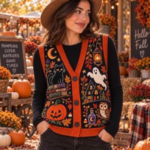 May include: A black knit button-down vest featuring a colorful Halloween-themed pattern with a black cat, a stack of books, a jack-o'-lantern, a crescent moon, a ghost, a haunted house, a potion bottle, an owl, and autumn leaves.
