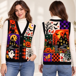 Chaleco cárdigan de Halloween para mujer, suéter retro de gato negro, fantasma y calabaza, chaleco de punto espeluznante para pedir dulces, regalo de otoño para Halloween