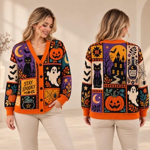 May include: A long-sleeve V-neck button-down cardigan featuring a colorful patchwork design of Halloween motifs including pumpkins, black cats, ghosts, bats, a haunted house, a spider web, and a potion bottle with the text Stay Spooky.