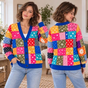 May include: A long-sleeve cardigan featuring a vibrant patchwork design of various floral, gingham, and polka dot patterns in bright colors like pink, yellow, blue, and green. The garment has a solid blue V-neck trim, cuffs, and hem with five buttons.