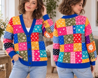 Cardigan mit bunten Farben, Patchwork-Cardigan, Strickpullover mit Blumenmuster, Oversize-Knopfleiste, gemütlicher Herbstpullover im Country-Western-Stil