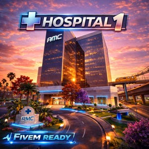 May include: A digital rendering of a modern hospital building with the text "HOSPITAL 1" and "FIVE M READY". The building is made of glass and steel, with a sign that says "AMC" and "RMC". The sky is a mix of orange, purple, and blue.