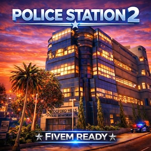 May include: An image of a modern police station at sunset. The building is a multi-story structure with many lit windows. The text "POLICE STATION 2" is at the top, and "FIVE READY" is at the bottom. Palm trees and a police car are also visible.