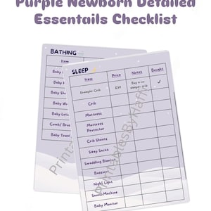 Lila Detaillierte Newborn Essentials Checkliste