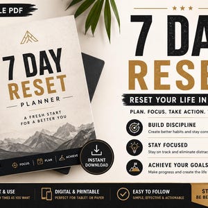 Può includere: Un'agenda a spirale con il testo "7 Day Reset Planner" e una grafica di montagna. L'immagine include anche una penna, una piccola pianta e il testo "Reset Your Life in 7 Days".