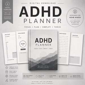 Può includere: Planner ADHD digitale con un design a paesaggio montano in scala di grigi. La copertina recita "ADHD PLANNER" con le parole "Focus, Plan, Simplify, Thrive". Include pagine di piano giornaliero, sessione di concentrazione, tracker delle abitudini e brain dump.