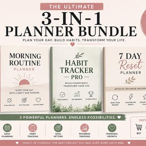Può includere: Un pacchetto di pianificatori 3-in-1 con tre pianificatori: Routine Mattutina, Habit Tracker Pro e 7 Giorni Reset. Il pacchetto include oltre 80 pagine e offre il download immediato. Il design è in colori tenui con accenti floreali.