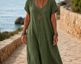 Vestido largo bohemio de algodón y lino para mujer, vestido relajado para vacaciones de verano en la playa.