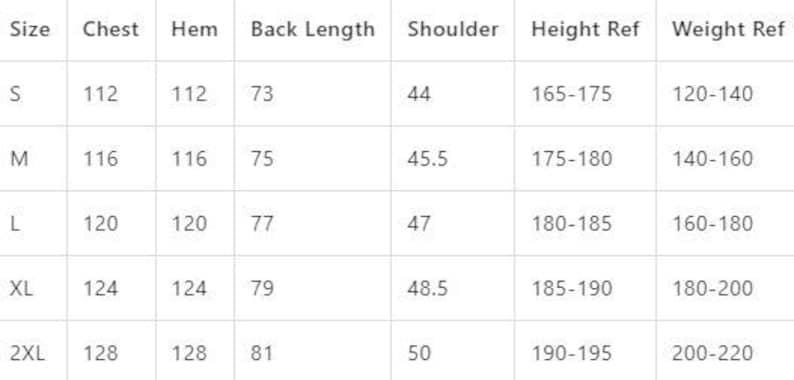 May include: A white table of clothing size measurements. The table includes sizes S, M, L, XL, and 2XL. Measurements include chest, hem, back length, shoulder, height reference, and weight reference. The chest measurements range from 112 to 128.