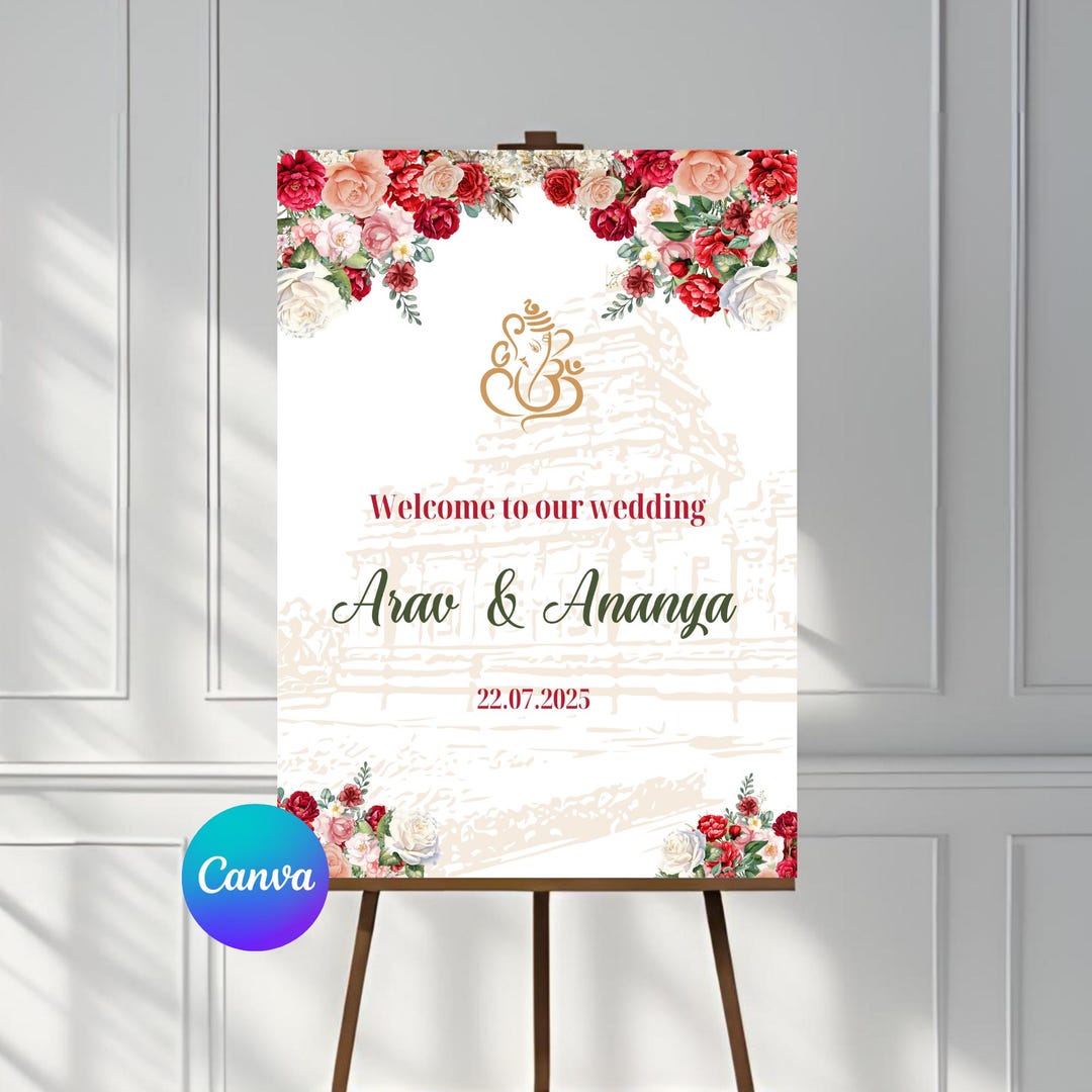Editable Hindu Wedding Welcome Sign Template | Temple Red Floral Indian ...