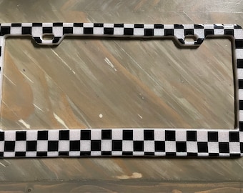 Checkerboard resin and glitter license plate frame