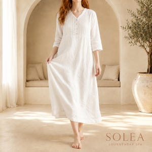 Linen V-Neck Midi Dress with Pintuck Front and Three-Quarter Sleeves