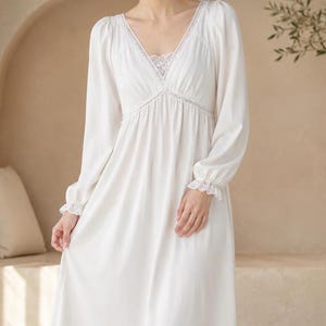White Cotton Palace Nightgown | Lace V-Neck Camison | Anniversary Gift for Her
