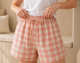100 % bomullsgasvävda pyjamasshorts, unisex rutiga loungeshorts, mjuka sommarsömnadsbyxor med dragsko