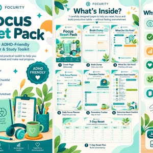 May include: A Focus Reset Pack digital planner and study toolkit featuring seven pages including a brain dump, daily focus planner, pomodoro tracker, distraction reset checklist, what do I do first, seven-day reset plan, and task breakdown worksheet.