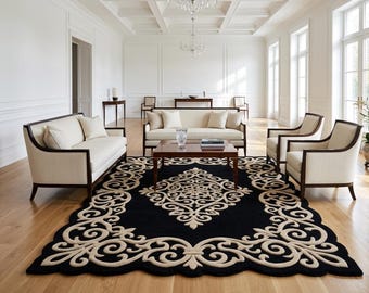 Handgefertigter Tufted Teppich, Schwarz Beige Zierborte, Luxus Wohnzimmer Teppich