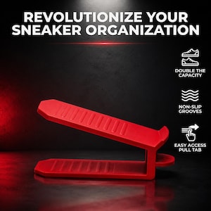 May include: A red shoe organizer with the text "REVOLUTIONIZE YOUR SNEAKER ORGANIZATION". The organizer has a double capacity, non-slip grooves, and an easy access pull tab. The product is designed to help organize sneakers.