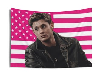 Dean Winchester Indoor Wall Tapestry | Pink USA Flag Background | College Dorm Decor Funny Gift | Teen Bedroom | TV Show Crush