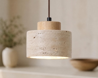 Travertine Stone Pendant Light, Walnut Wood Accent, Japandi Bedroom Lamp