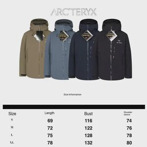 May include: Four Arc'teryx jackets in different colours: tan, blue-grey, navy, and black. Each jacket has a hood, a zip, and a Gore-Tex tag. The jackets are displayed against a light background. Size information is also provided.