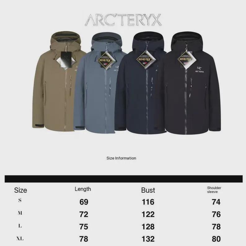 May include: Four Arc'teryx jackets in different colours: tan, blue-grey, navy, and black. Each jacket has a hood, a zip, and a Gore-Tex tag. The jackets are displayed against a light background. Size information is also provided.