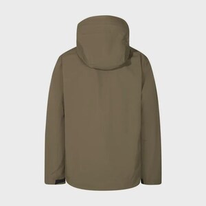 May include: An olive-green jacket with a hood, seen from the rear. The jacket features long sleeves and a high collar that covers the neck. The hood is attached to the jacket and is designed to protect the head from the elements.