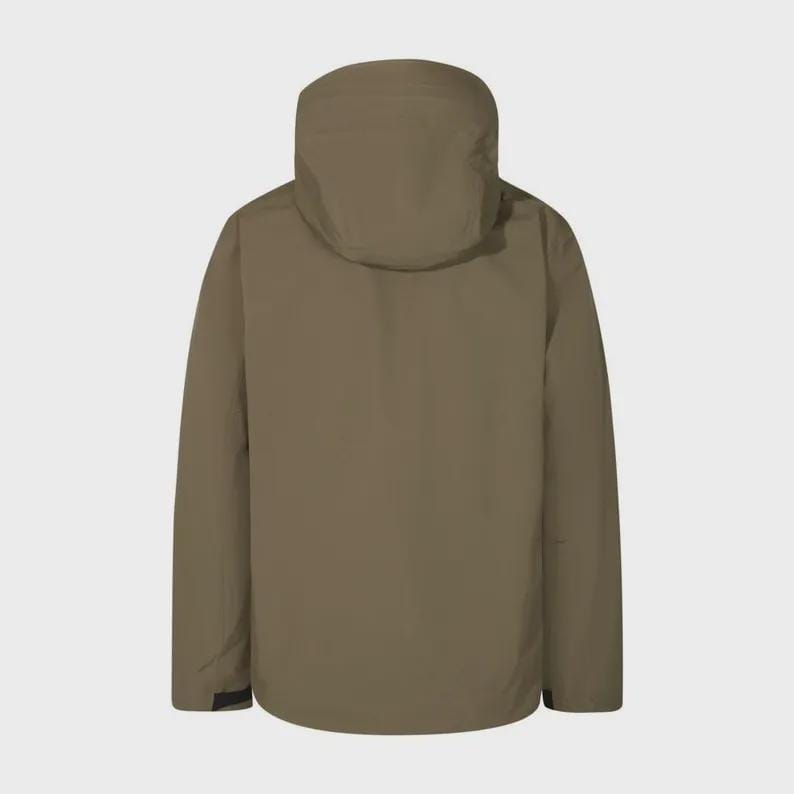 May include: An olive-green jacket with a hood, seen from the rear. The jacket features long sleeves and a high collar that covers the neck. The hood is attached to the jacket and is designed to protect the head from the elements.