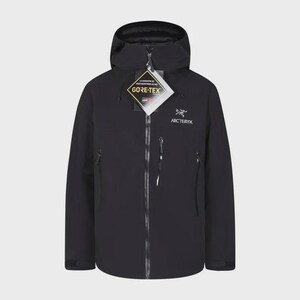 May include: Black hooded jacket with a full-length zip, two side pockets, and a chest pocket. The jacket features the Gore-Tex logo and the Arc'teryx logo. Designed for outdoor activities.