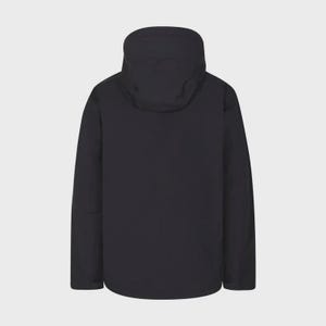 May include: A black jacket featuring a high collar and hood. The jacket has long sleeves and a minimalist design. The back view of the jacket is shown against a light grey background.