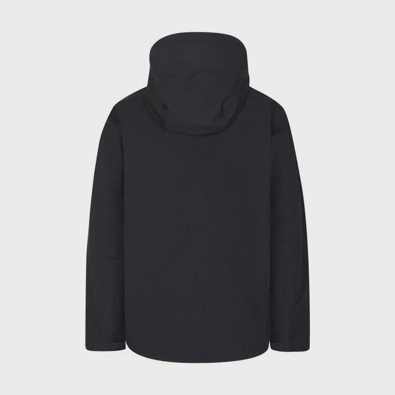 May include: A black jacket featuring a high collar and hood. The jacket has long sleeves and a minimalist design. The back view of the jacket is shown against a light grey background.