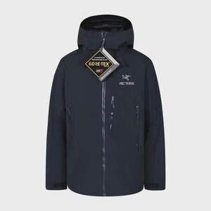 May include: A navy blue jacket with a hood, zip closure, and multiple pockets. The jacket displays the "GORE-TEX" logo and the "Arc'teryx" brand name. Designed for outdoor use, it offers protection from the weather.