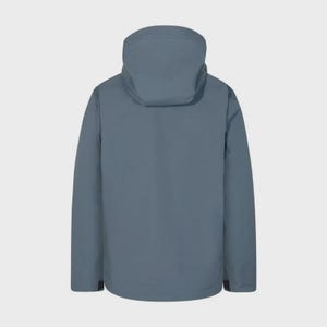 May include: A blue-grey jacket with a hood, viewed from the back. The jacket features a simple design with a full zip and long sleeves. The attached hood is designed to offer protection. The jacket is made of a smooth, possibly waterproof material.