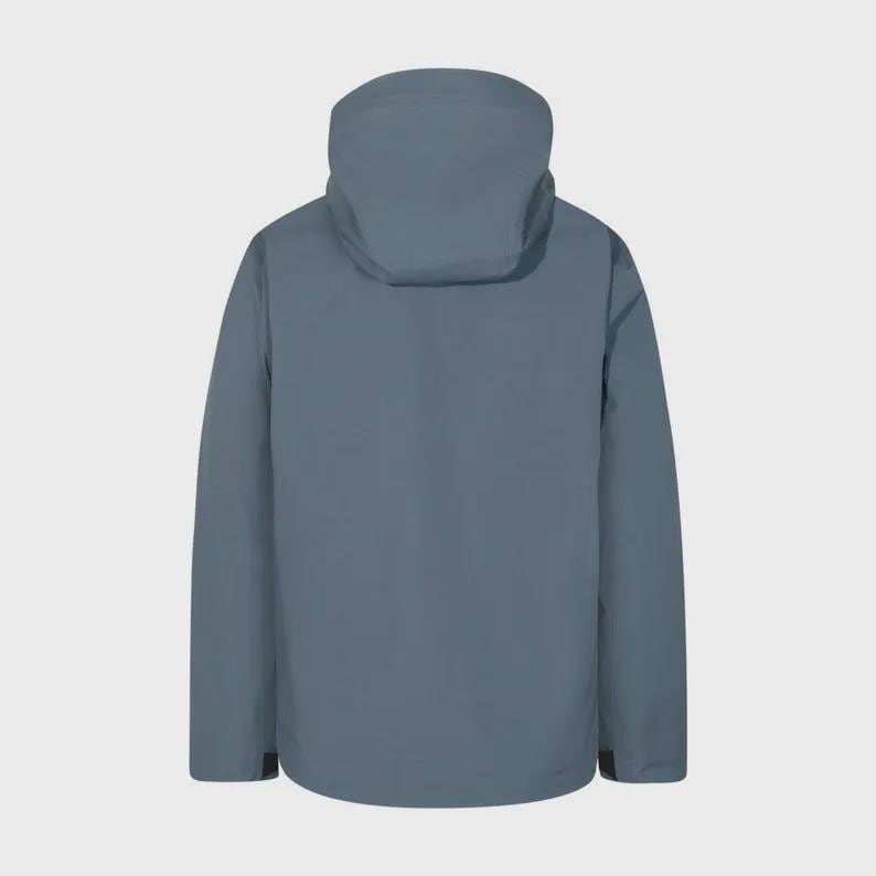 May include: A blue-grey jacket with a hood, viewed from the back. The jacket features a simple design with a full zip and long sleeves. The attached hood is designed to offer protection. The jacket is made of a smooth, possibly waterproof material.