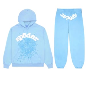 May include: A light blue hoodie and matching sweatpants set. The hoodie features a white "sp5der" logo above a spiderweb design. The sweatpants also have the "sp5der" logo in white on the back. The set is made of a soft material.