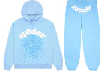 Himmelblaue Sp5der Trainingsanzug Set | Y2K Spinnennetz Hoodie & Jogger | Unisex Streetwear-Outfit