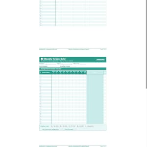 May include: A digital teacher's grade book and progress tracker template. The template includes sections for student rosters, weekly grade grids, and quarterly grade summaries. The design is a light teal colour with white grid lines and text.